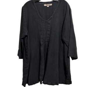 FLAX Black Linen Blend V Neck 3/4 Sleeve Tunic Top Size L